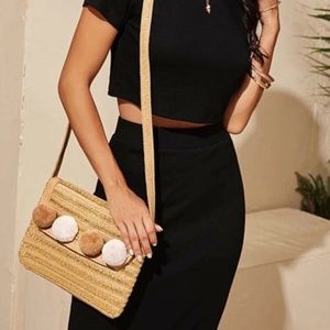 Pom-pom Decor Metallic Striped Braided Crossbody